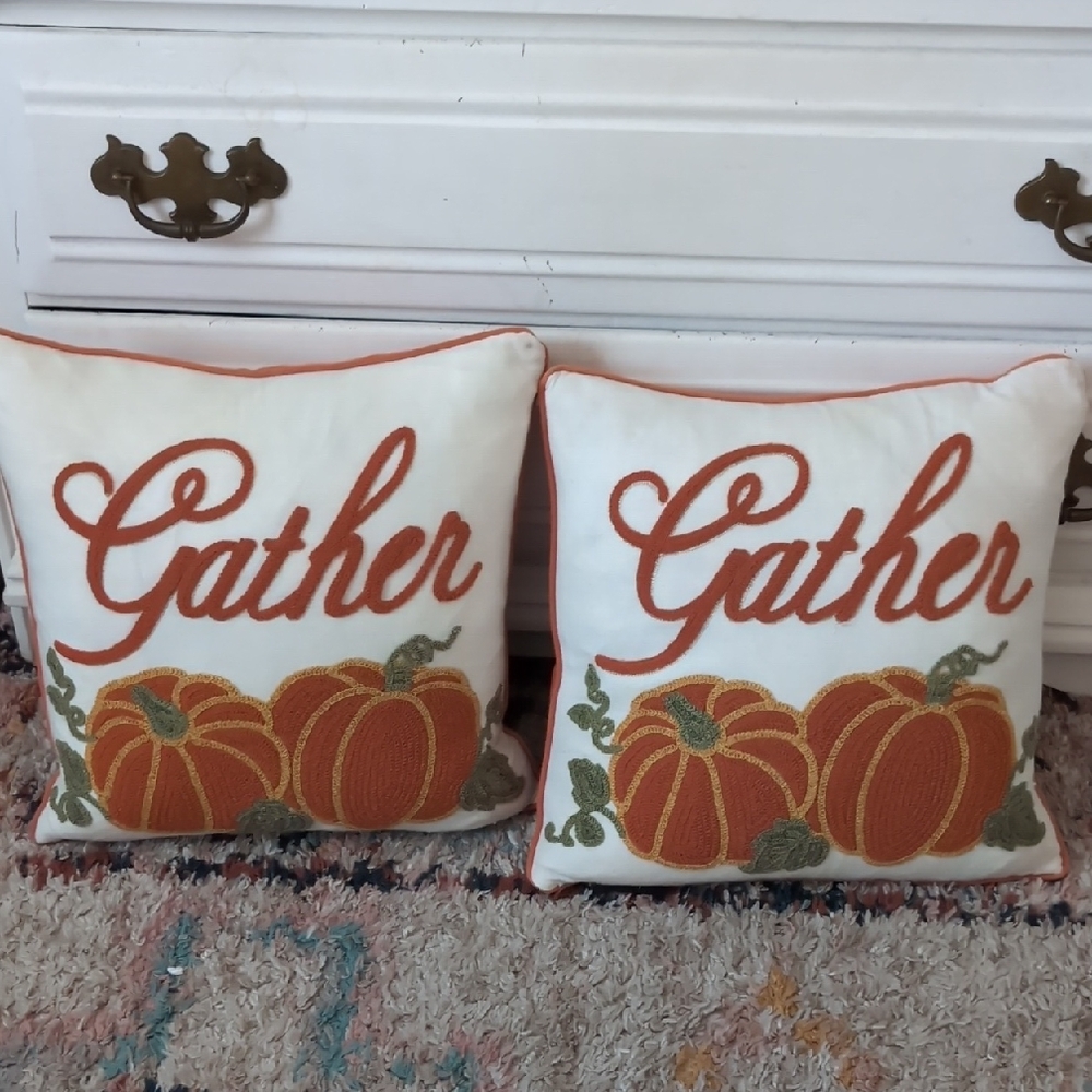 Gather Embroidered Throw Pillow Set - White and Orange